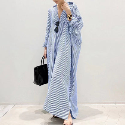 Women's Casual Long Sleeve Button Down Loose Striped Cotton Maxi Shirt Dress