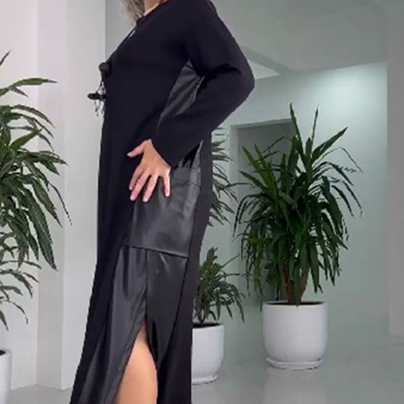 Women's Casual Loose Leather Patchwork Dress with Pockets - Seldom Seen Styles