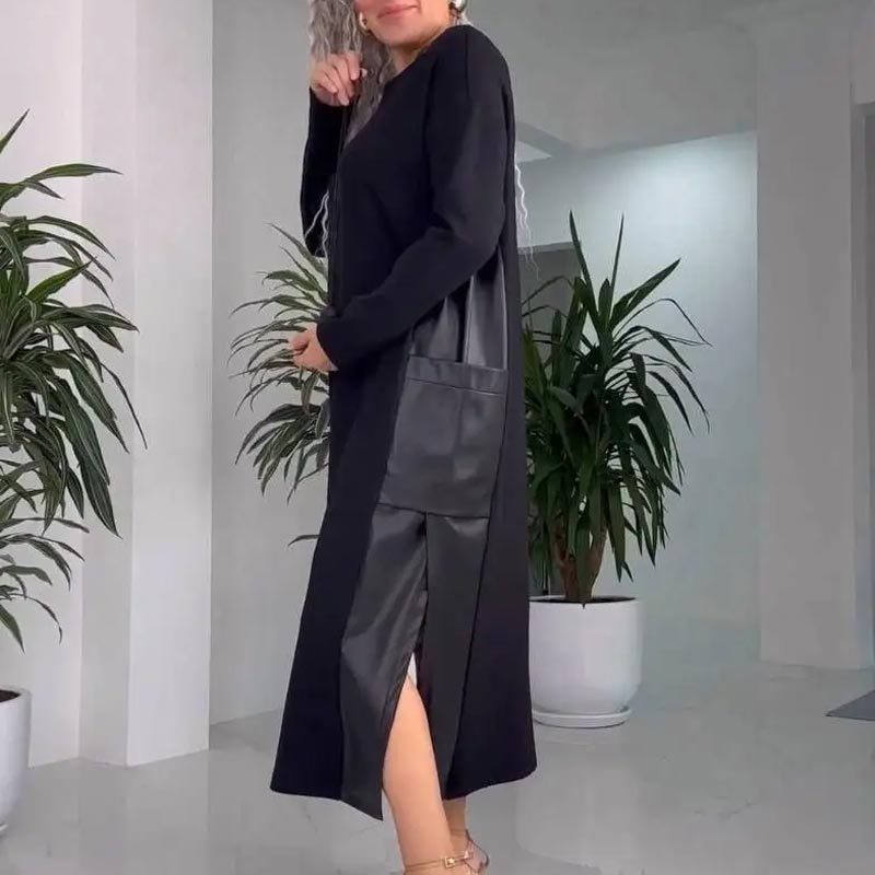 Women's Casual Loose Leather Patchwork Dress with Pockets - Seldom Seen Styles