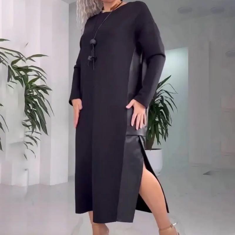 Women's Casual Loose Leather Patchwork Dress with Pockets - Seldom Seen Styles