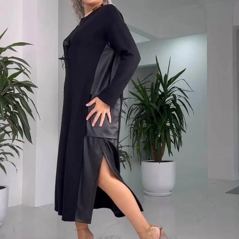 Women's Casual Loose Leather Patchwork Dress with Pockets - Seldom Seen Styles