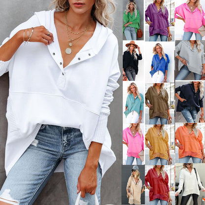 Damen lässige Oversized Sweatshirts Hoodies Knopfleiste V-Ausschnitt Langarm Baumwolle Henley Pullover Kapuzenpullover Oberteile 2025 Damenmode Winter Outfits Kleidung