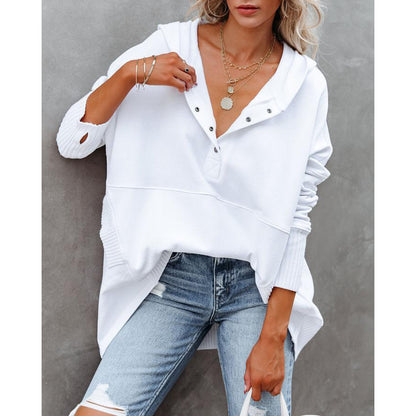 Damen lässige Oversized Sweatshirts Hoodies Knopfleiste V-Ausschnitt Langarm Baumwolle Henley Pullover Kapuzenpullover Oberteile 2025 Damenmode Winter Outfits Kleidung