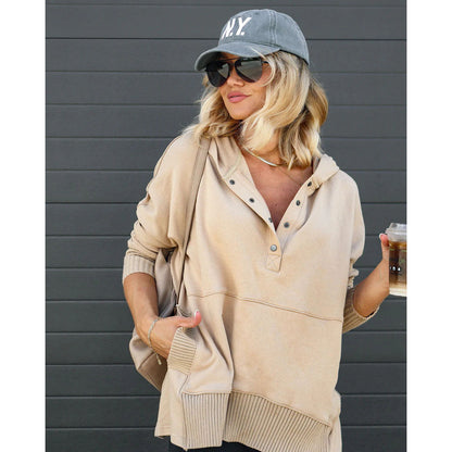 Damen lässige Oversized Sweatshirts Hoodies Knopfleiste V-Ausschnitt Langarm Baumwolle Henley Pullover Kapuzenpullover Oberteile 2025 Damenmode Winter Outfits Kleidung