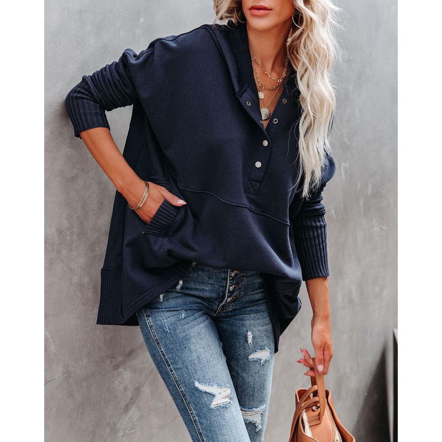 Women's Casual Oversized Sweatshirts Hoodies Button V Neck Long Sleeve Cotton Henley Pullover Hooded Tops 2025 Womenswear Winter Outfits Clothes - Seldom Seen Styles