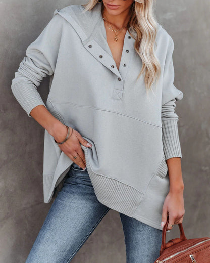 Damen lässige Oversized Sweatshirts Hoodies Knopfleiste V-Ausschnitt Langarm Baumwolle Henley Pullover Kapuzenpullover Oberteile 2025 Damenmode Winter Outfits Kleidung