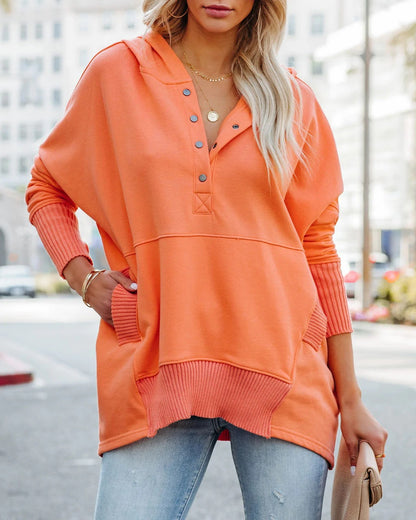 Damen lässige Oversized Sweatshirts Hoodies Knopfleiste V-Ausschnitt Langarm Baumwolle Henley Pullover Kapuzenpullover Oberteile 2025 Damenmode Winter Outfits Kleidung