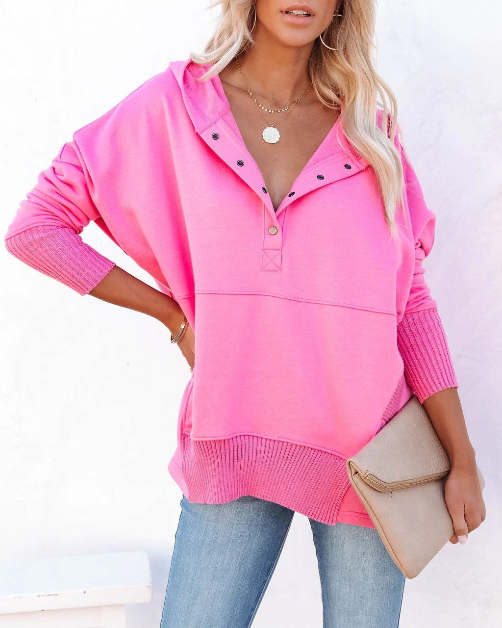 Women's Casual Oversized Sweatshirts Hoodies Button V Neck Long Sleeve Cotton Henley Pullover Hooded Tops 2025 Womenswear Winter Outfits Clothes - Seldom Seen Styles
