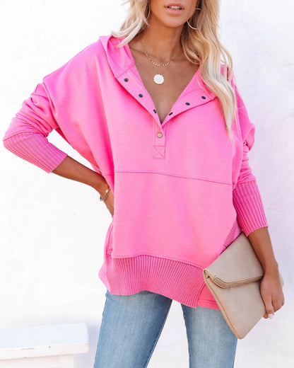 Damen lässige Oversized Sweatshirts Hoodies Knopfleiste V-Ausschnitt Langarm Baumwolle Henley Pullover Kapuzenpullover Oberteile 2025 Damenmode Winter Outfits Kleidung