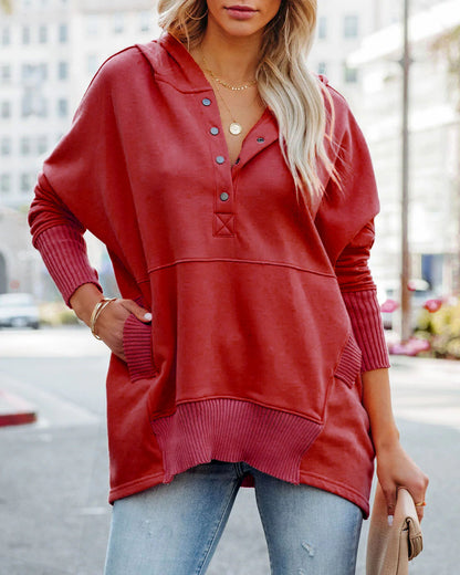 Damen lässige Oversized Sweatshirts Hoodies Knopfleiste V-Ausschnitt Langarm Baumwolle Henley Pullover Kapuzenpullover Oberteile 2025 Damenmode Winter Outfits Kleidung