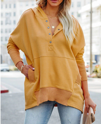 Damen lässige Oversized Sweatshirts Hoodies Knopfleiste V-Ausschnitt Langarm Baumwolle Henley Pullover Kapuzenpullover Oberteile 2025 Damenmode Winter Outfits Kleidung