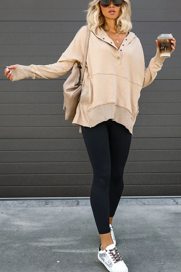 Women's Casual Oversized Sweatshirts Hoodies Button V Neck Long Sleeve Cotton Henley Pullover Hooded Tops 2025 Womenswear Winter Outfits Clothes - Seldom Seen Styles
