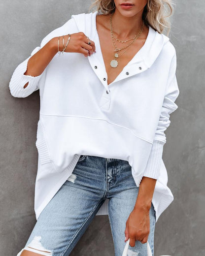 Damen lässige Oversized Sweatshirts Hoodies Knopfleiste V-Ausschnitt Langarm Baumwolle Henley Pullover Kapuzenpullover Oberteile 2025 Damenmode Winter Outfits Kleidung