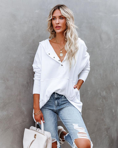Damen lässige Oversized Sweatshirts Hoodies Knopfleiste V-Ausschnitt Langarm Baumwolle Henley Pullover Kapuzenpullover Oberteile 2025 Damenmode Winter Outfits Kleidung