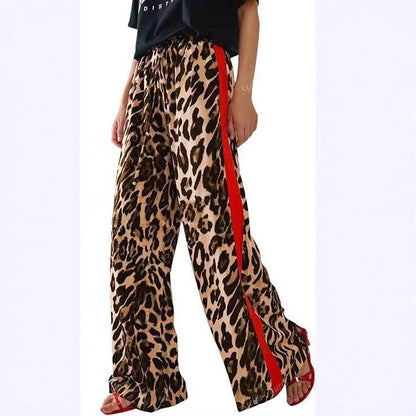 Damen Freizeithose mit Kordelzug, Leopardenmuster, Farbblock, seitlich gestreift, gerades Bein, weites Bein, lockere Hose 
