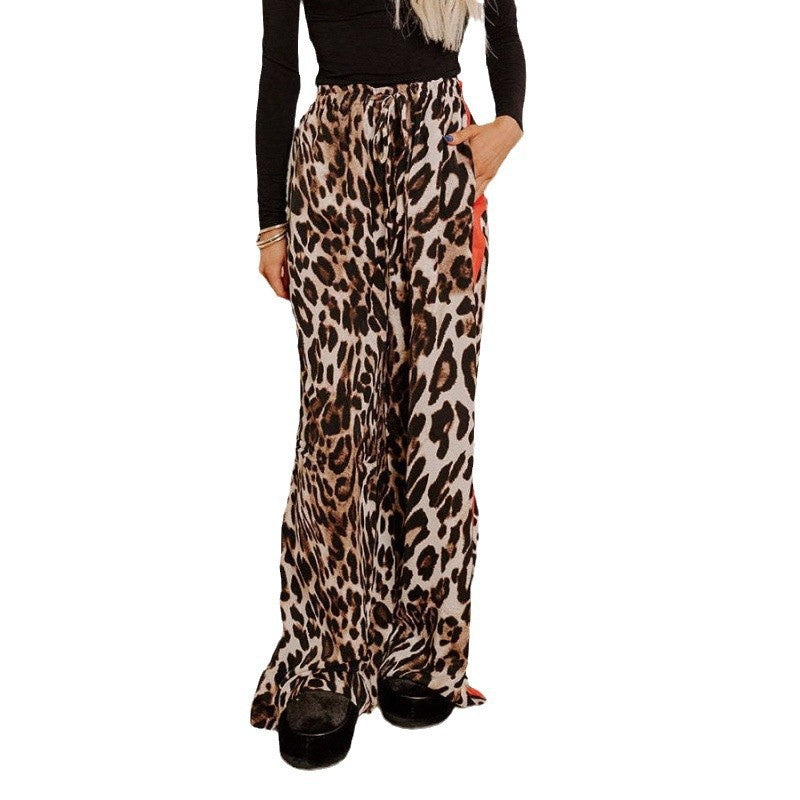 Women's Casual Pants Drawstring Leopard Print Color Block Side Striped Straight Leg Wide Leg Loose Pants - Seldom Seen Styles