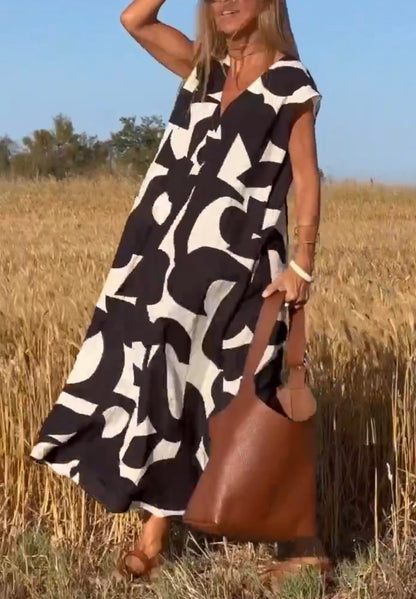 Robe longue décontractée à imprimé et col en V pour femme