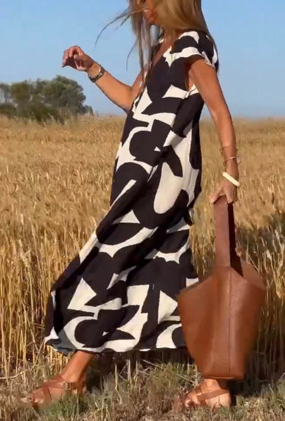 Robe longue décontractée à imprimé et col en V pour femme