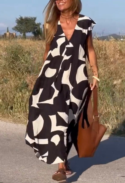 Robe longue décontractée à imprimé et col en V pour femme