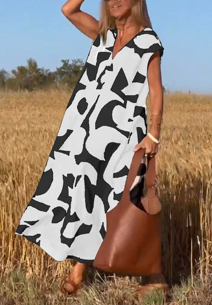 Robe longue décontractée à imprimé et col en V pour femme