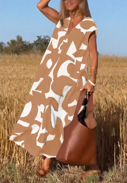 Robe longue décontractée à imprimé et col en V pour femme