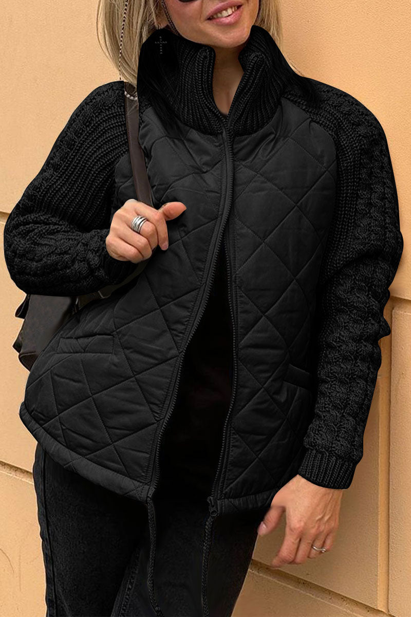 Women's Casual Solid Color Knitted Patchwork Zipped Jacket - Seldom Seen Styles