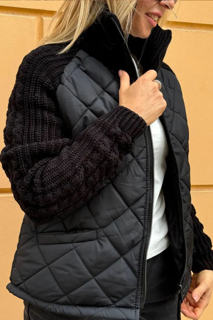 Women's Casual Solid Color Knitted Patchwork Zipped Jacket - Seldom Seen Styles