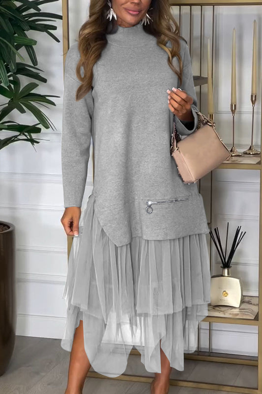 Women's Casual Solid Color Mesh Patchwork Dress - Seldom Seen Styles