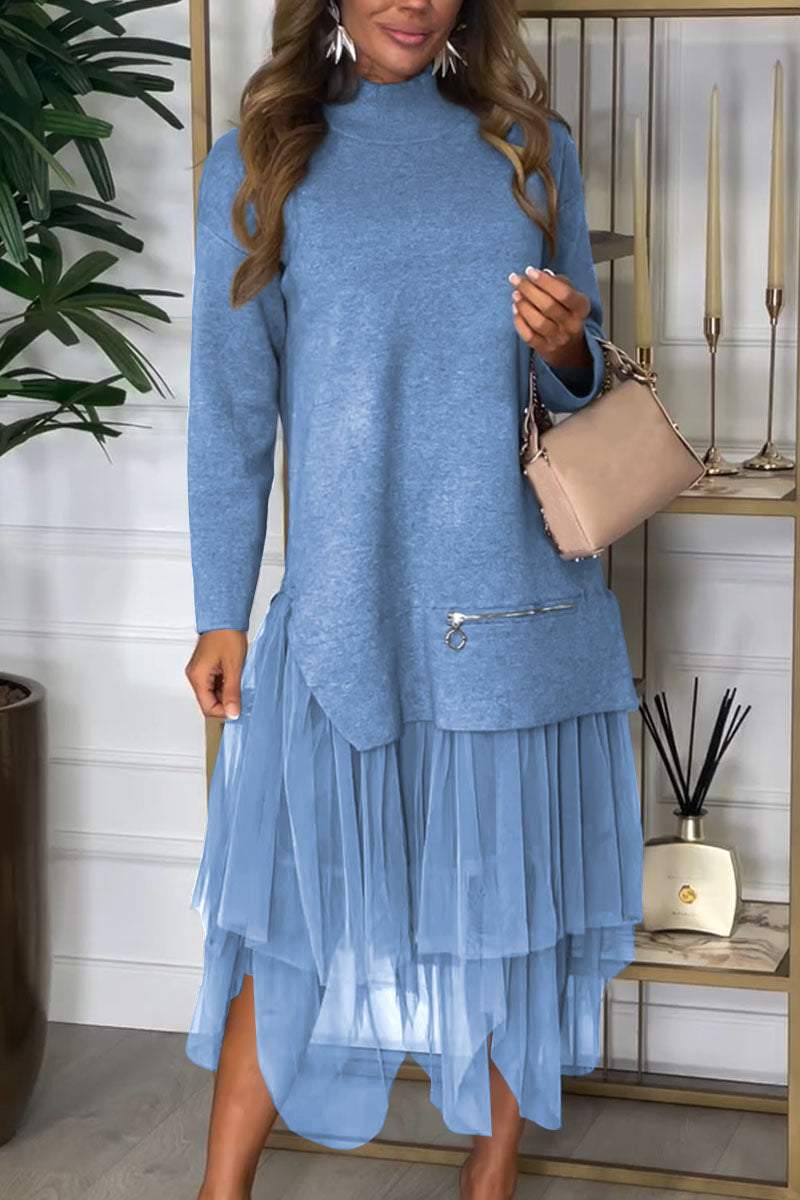 Women's Casual Solid Color Mesh Patchwork Dress - Seldom Seen Styles