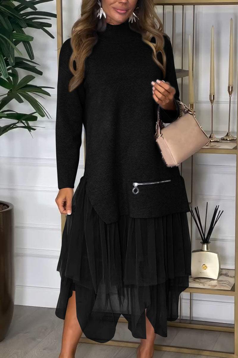 Women's Casual Solid Color Mesh Patchwork Dress - Seldom Seen Styles