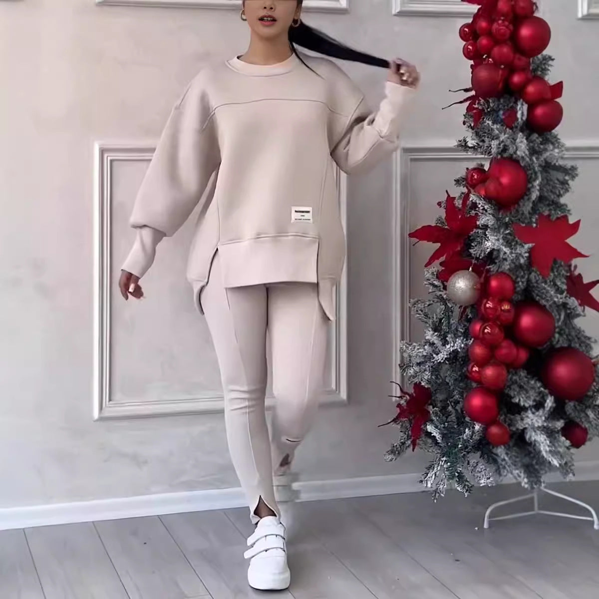 Women's Casual Solid Color Round Neck Long Sleeve Slit Hem Sweatshirt Leggings Set - Seldom Seen Styles
