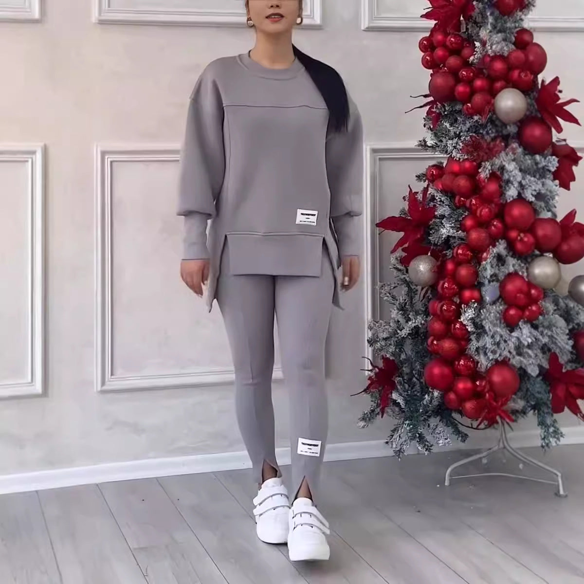 Women's Casual Solid Color Round Neck Long Sleeve Slit Hem Sweatshirt Leggings Set - Seldom Seen Styles