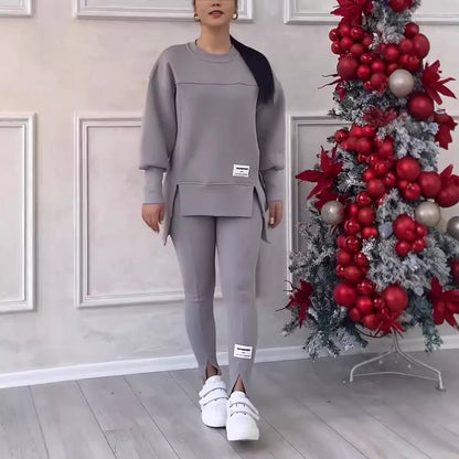 Ensemble de leggings et de sweat-shirt à manches longues, col rond, couleur unie et ourlet fendu pour femme