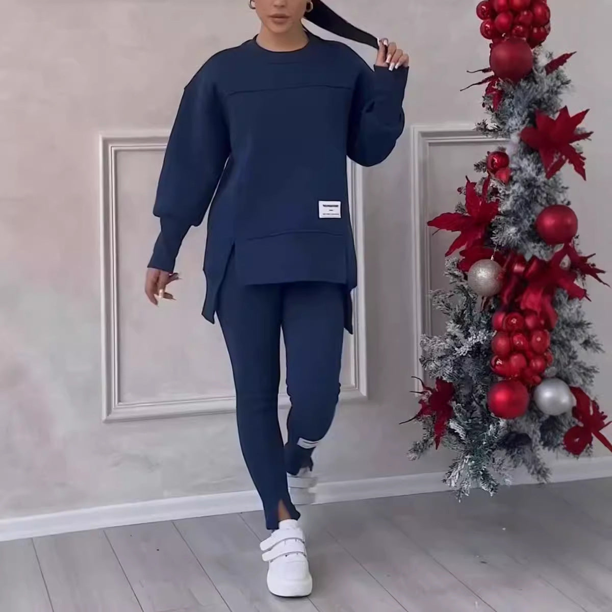 Women's Casual Solid Color Round Neck Long Sleeve Slit Hem Sweatshirt Leggings Set - Seldom Seen Styles