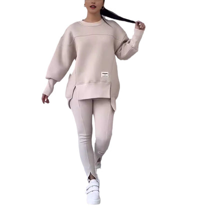 Ensemble de leggings et de sweat-shirt à manches longues, col rond, couleur unie et ourlet fendu pour femme