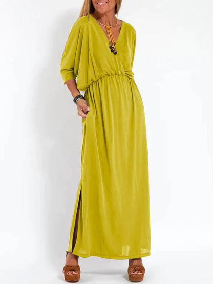 Robe décontractée fendue à col en V de couleur unie pour femme