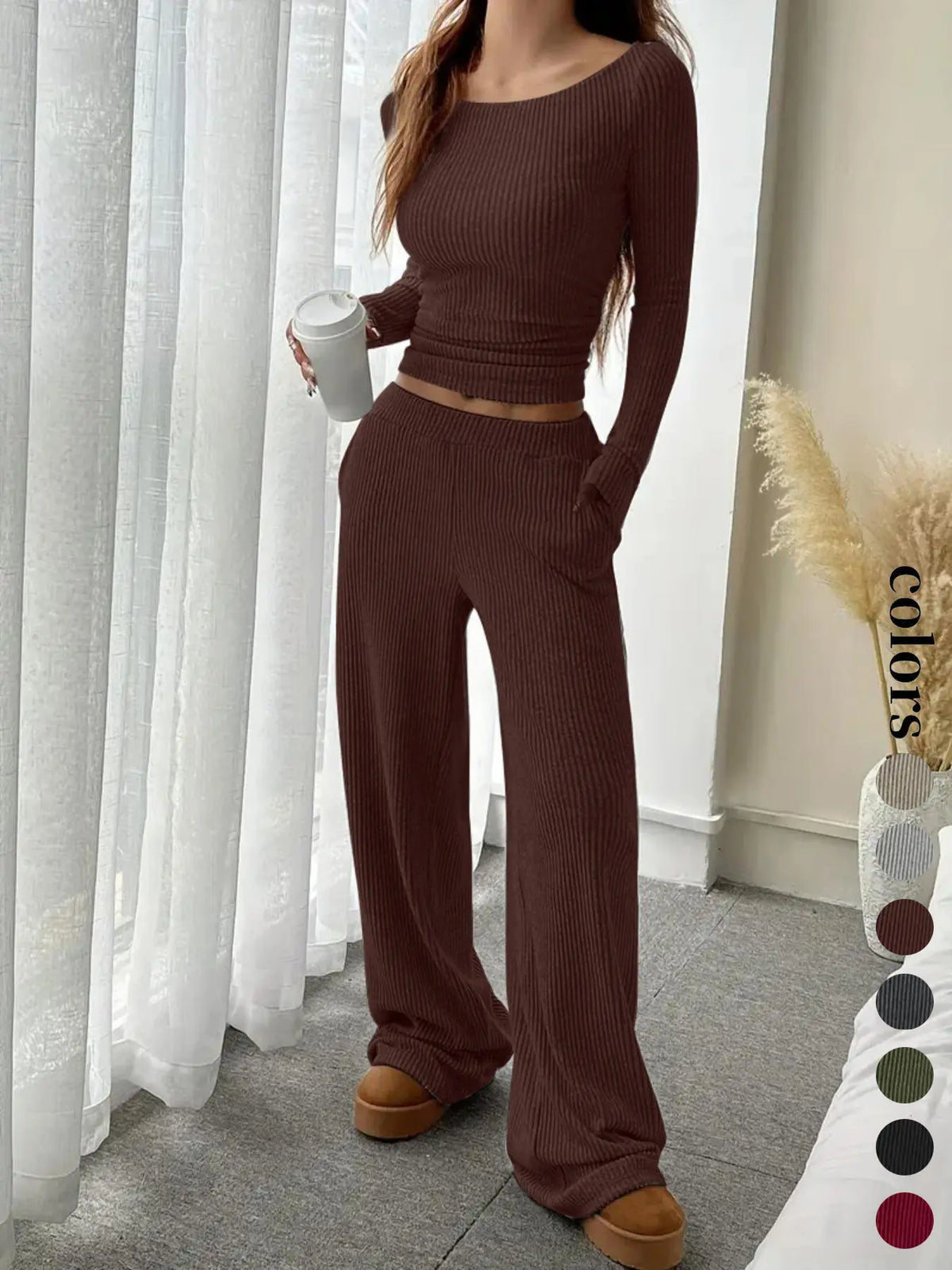 Women's Casual Striped Long Sleeve Top & Loose Pocket Pants Set, European Style Womenswear, Comfortable for Daily Wear - Seldom Seen Styles