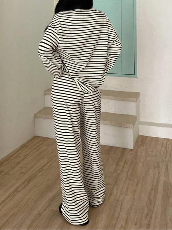 Women's Casual Striped Long Sleeve Top & Pants Set, Comfortable Loose-Fitting Home Wear, Fashionable Two-Piece for Daily Use - Seldom Seen Styles