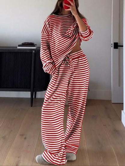 Ensemble rayé décontracté haut à manches longues et pantalon pour femme, confortable et ample pour la maison, ensemble deux pièces tendance pour le quotidien