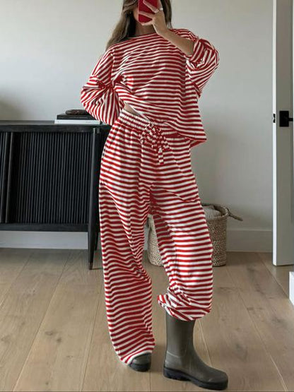 Ensemble rayé décontracté haut à manches longues et pantalon pour femme, confortable et ample pour la maison, ensemble deux pièces tendance pour le quotidien