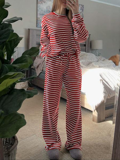 Ensemble rayé décontracté haut à manches longues et pantalon pour femme, confortable et ample pour la maison, ensemble deux pièces tendance pour le quotidien