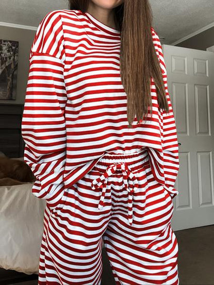 Ensemble rayé décontracté haut à manches longues et pantalon pour femme, confortable et ample pour la maison, ensemble deux pièces tendance pour le quotidien