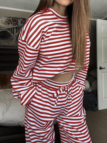 Ensemble rayé décontracté haut à manches longues et pantalon pour femme, confortable et ample pour la maison, ensemble deux pièces tendance pour le quotidien