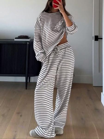 Ensemble rayé décontracté haut à manches longues et pantalon pour femme, confortable et ample pour la maison, ensemble deux pièces tendance pour le quotidien