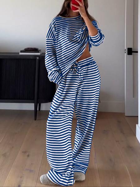 Women's Casual Striped Long Sleeve Top & Pants Set, Comfortable Loose-Fitting Home Wear, Fashionable Two-Piece for Daily Use - Seldom Seen Styles