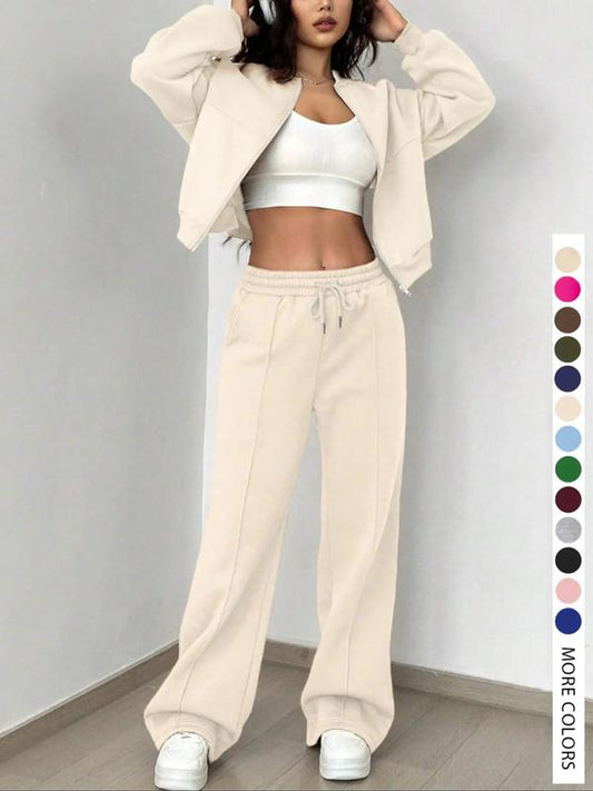 Women's Casual Tracksuit Set, Zip-Front Jacket and Elastic Waist Pants For Airport Wear, Athleisure Style - Seldom Seen Styles
