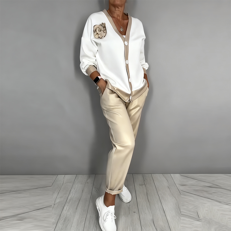 Women’s Casual V-Neck Top & High Waist Pants 2-Piece Set - Seldom Seen Styles