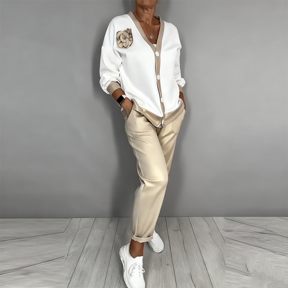 Damen Freizeit-V-Ausschnitt-Oberteil und Hose mit hoher Taille, 2-teiliges Set