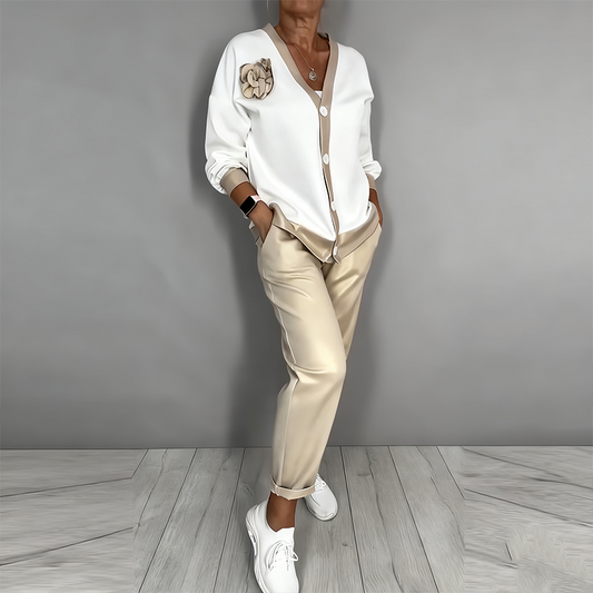 Women’s Casual V-Neck Top & High Waist Pants 2-Piece Set - Seldom Seen Styles