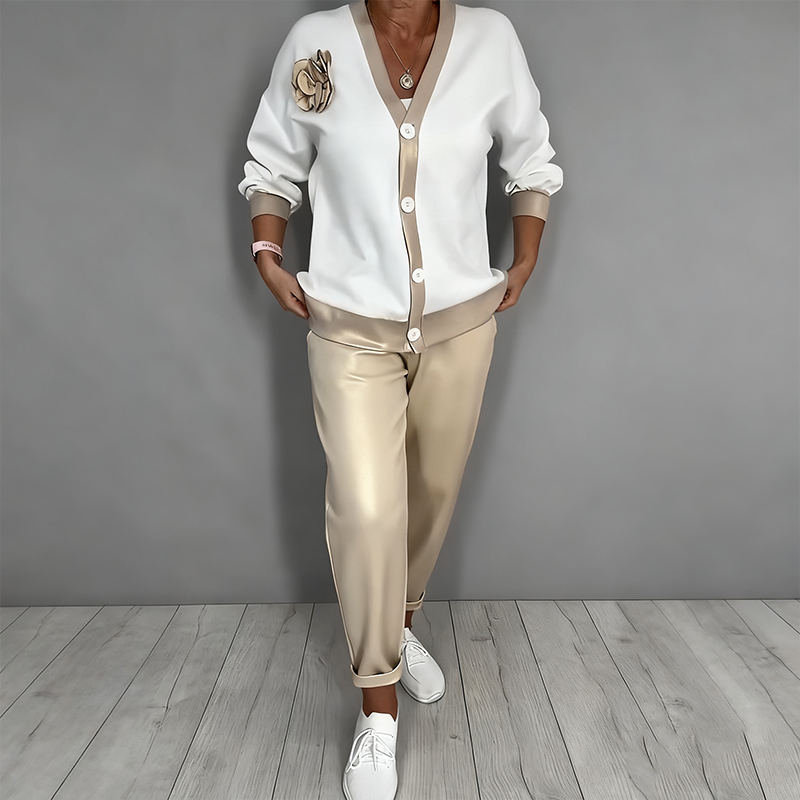 Women’s Casual V-Neck Top & High Waist Pants 2-Piece Set - Seldom Seen Styles